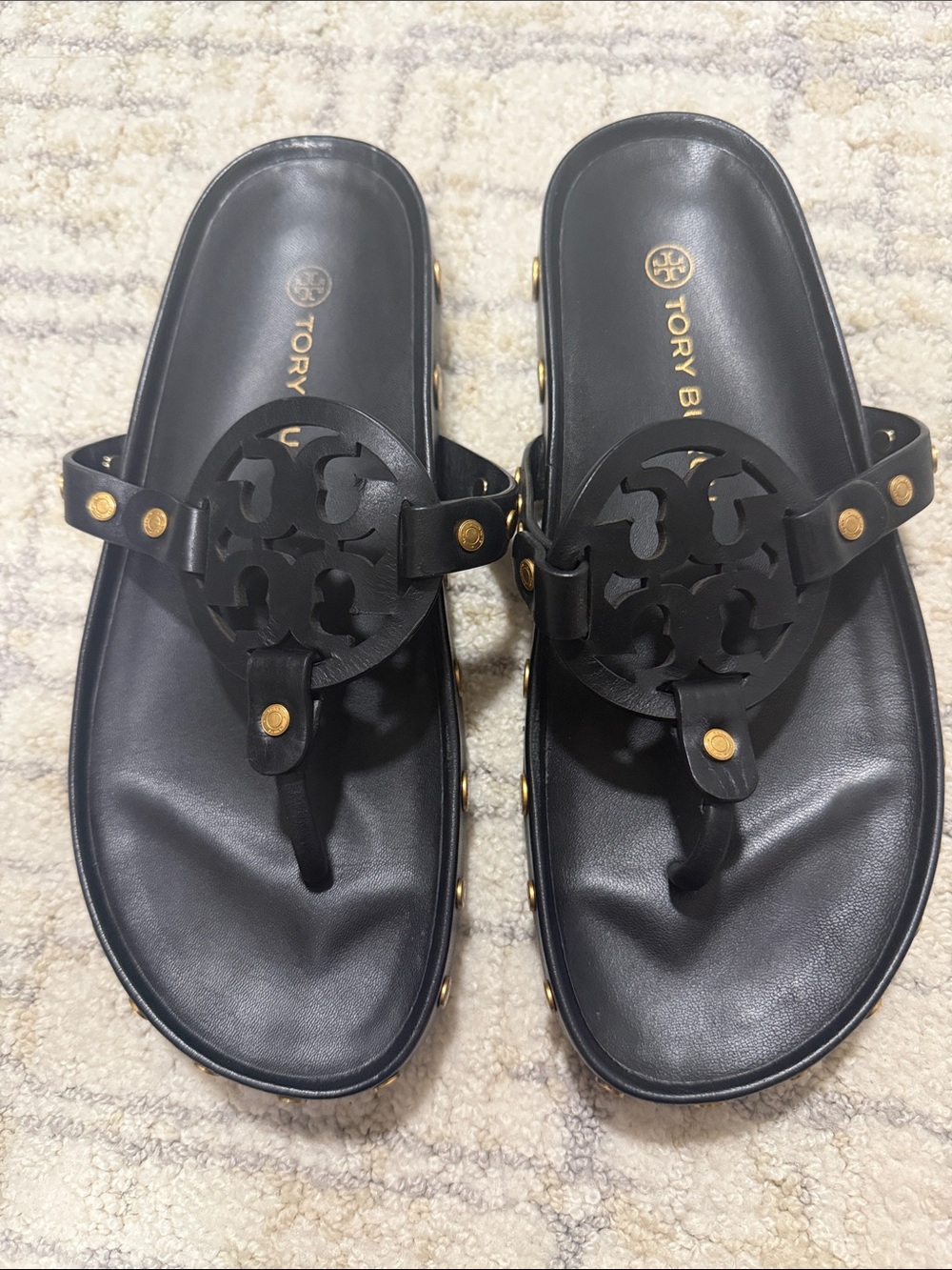 Tory Burch Black Leather Thong Sandal with Gold Studs - Picture 2 of 3